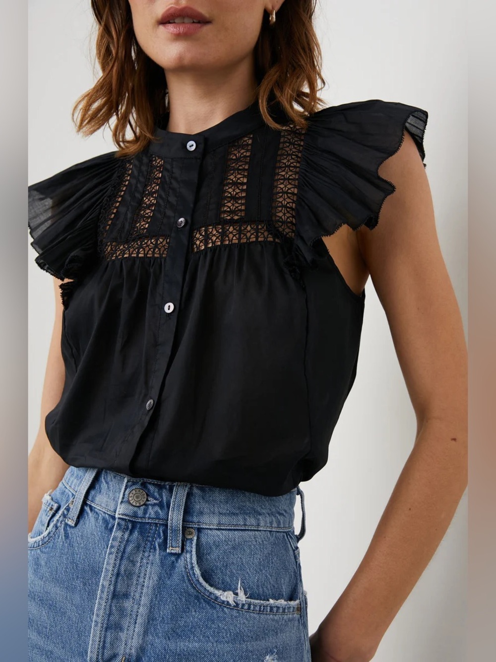 Rails Women's Louella Blouse Black Lace Yoke Flutter Sleeve Top